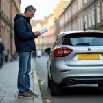 Homme d'âge moyen examine sa voiture en ville