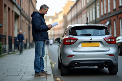 Homme d'âge moyen examine sa voiture en ville
