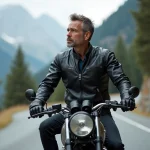 Homme en veste de moto en cuir posant avec sa moto sur une route de montagne, idée cadeau expérience moto