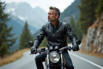 Homme en veste de moto en cuir posant avec sa moto sur une route de montagne, idée cadeau expérience moto
