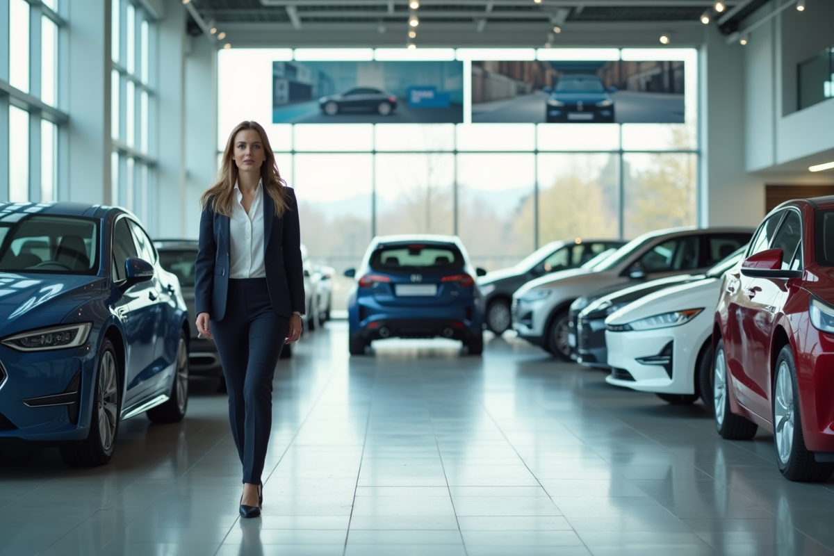 Ingénieure automobile dans un showroom moderne de voitures électriques