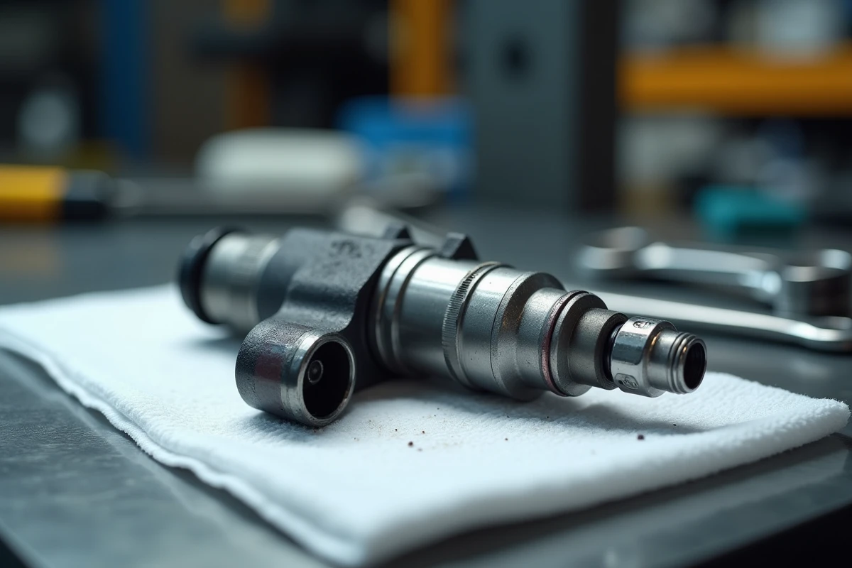 Gros plan sur un injecteur de carburant de Clio 5 posé sur un établi avec dépôts de carbone visibles