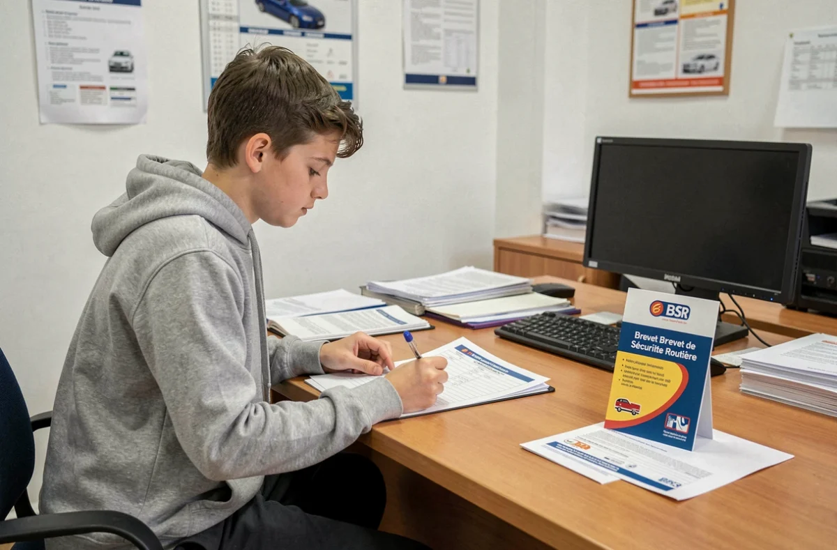Adolescent remplissant un dossier d'inscription pour passer le BSR afin de conduire une voiture sans permis
