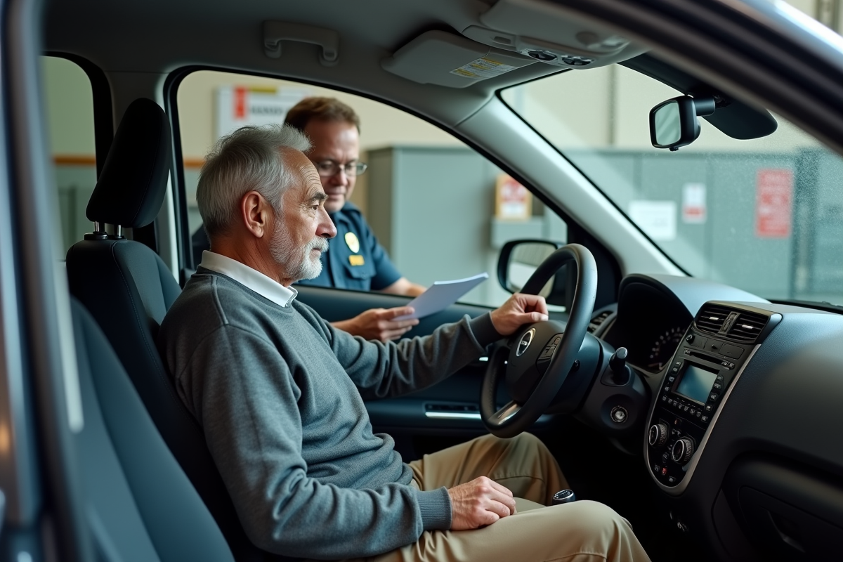 Inspecteur vérifiant tableau de bord dans un garage intérieur
