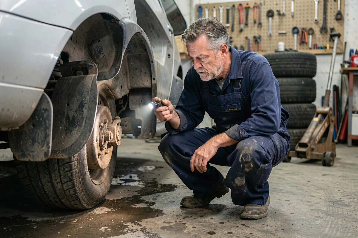 Mécanicien inspectant le soubassement d'une Peugeot 306 Maxi en atelier, vérification des points de rouille et de l'état de la suspension lors d'un achat en occasion