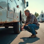 Homme inspectant le dessous d’un camping-car d’occasion