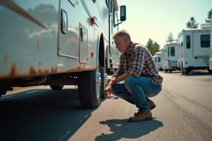 Homme inspectant le dessous d’un camping-car d’occasion