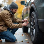Homme inspectant un pneu avec smartphone en automne