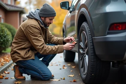 Homme inspectant un pneu avec smartphone en automne