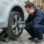 Mécanicien inspectant la suspension avant d'une berline avant le montage des amortisseurs Bilstein B8 Comfort Tech