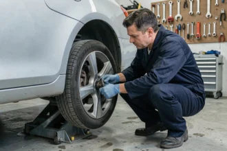 Mécanicien inspectant la suspension avant d'une berline avant le montage des amortisseurs Bilstein B8 Comfort Tech