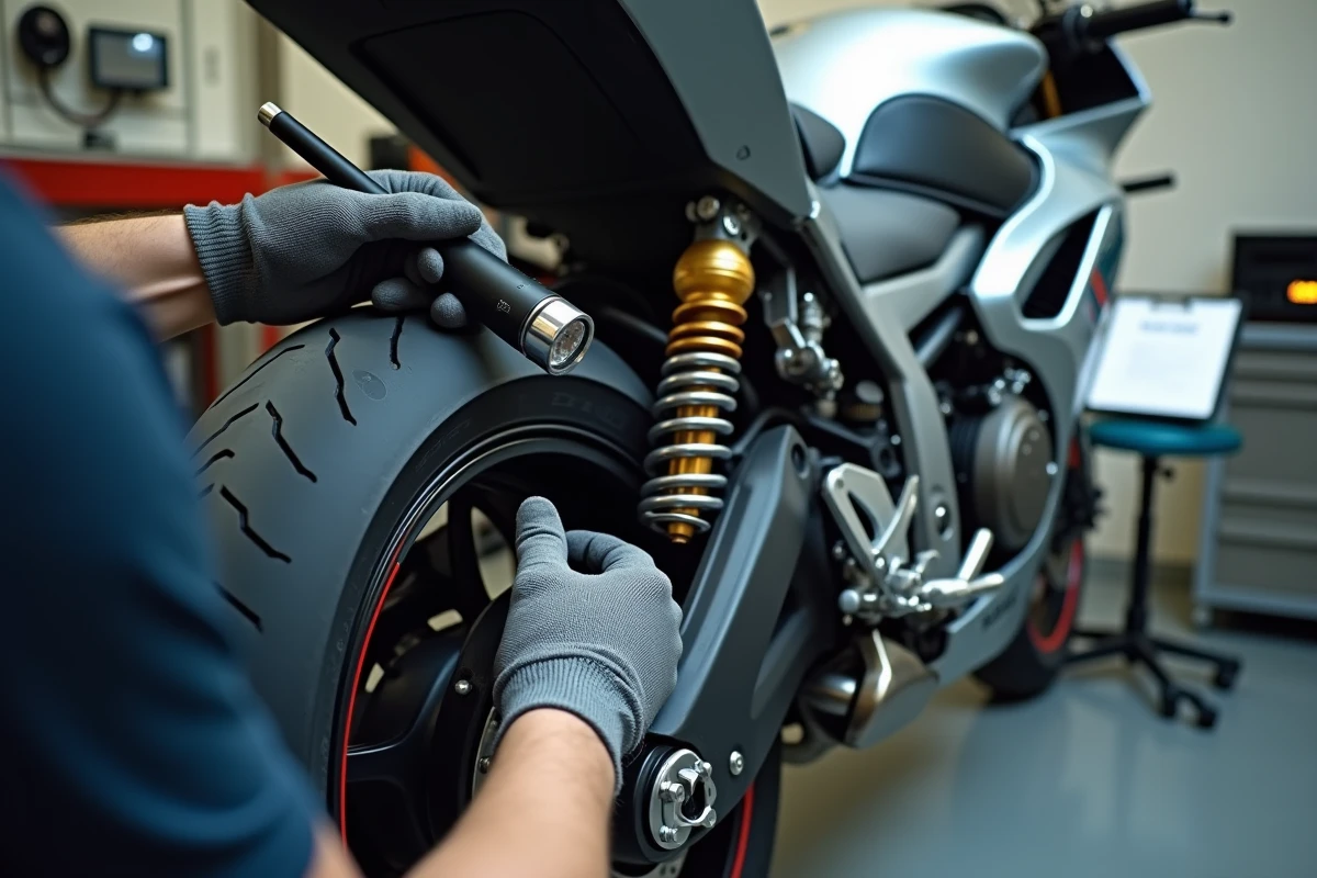 Technicien examinant la suspension et l'échappement d'une moto lors d'un contrôle technique officiel