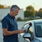 Homme examinant les documents d'inspection d'une voiture d'occasion lors d'une vente entre particuliers via une plateforme comme CapCar