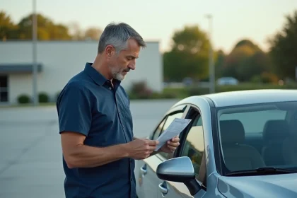 Homme examinant les documents d'inspection d'une voiture d'occasion lors d'une vente entre particuliers via une plateforme comme CapCar
