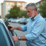Un homme inspecte une voiture d'occasion proposée par un particulier dans un parking résidentiel