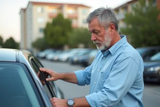Un homme inspecte une voiture d'occasion proposée par un particulier dans un parking résidentiel