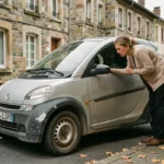 Femme inspectant une voiture sans permis d'occasion dans une rue d'une ville d'Isère