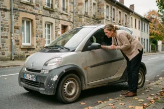 Femme inspectant une voiture sans permis d'occasion dans une rue d'une ville d'Isère