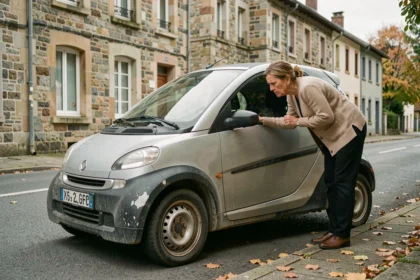 Femme inspectant une voiture sans permis d'occasion dans une rue d'une ville d'Isère