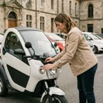 Femme inspectant une voiture sans permis d'occasion dans un garage à Metz