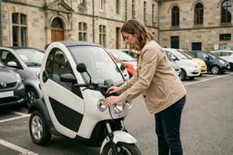 Femme inspectant une voiture sans permis d'occasion dans un garage à Metz
