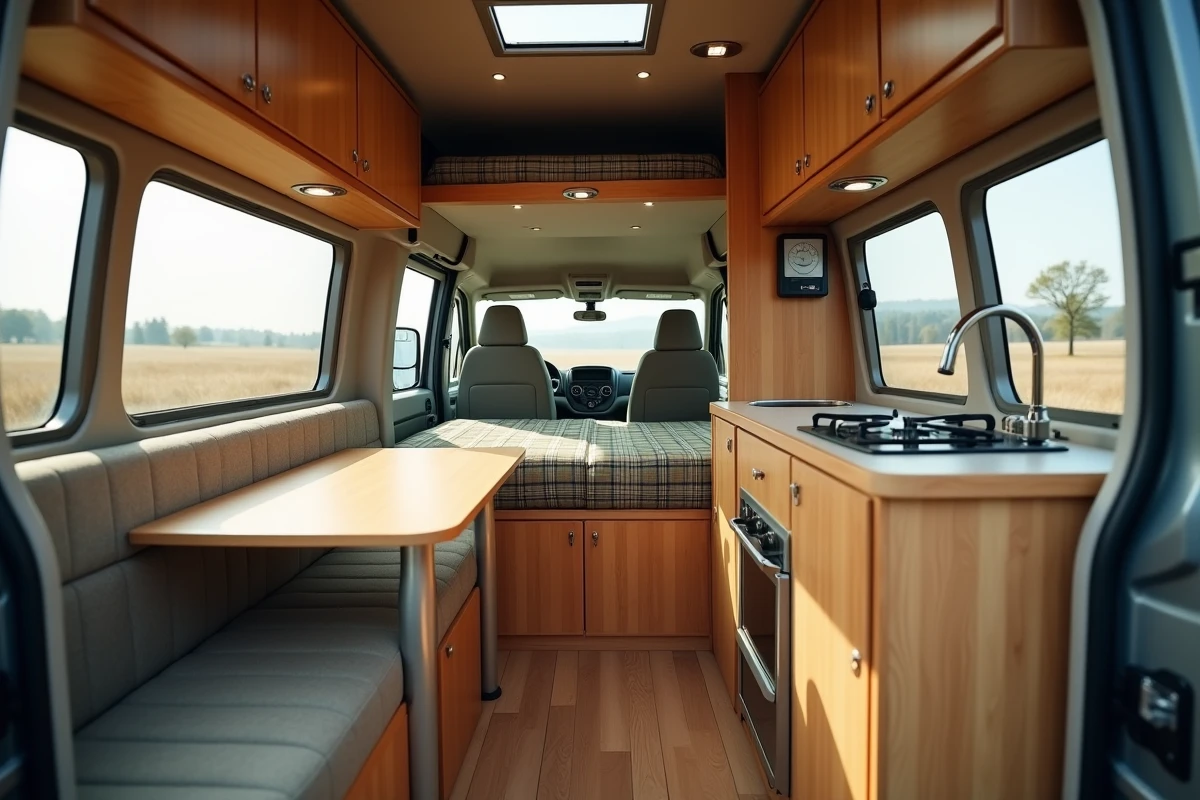 Intérieur aménagé d'un van camping-car Dacia compact avec couchage et cuisine intégrés