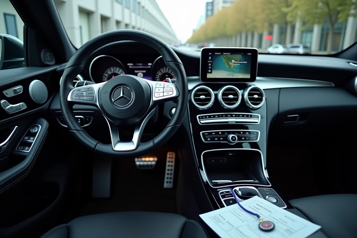 Intérieur du Mercedes GLC avec écran MBUX et document de gestion de flotte automobile en entreprise