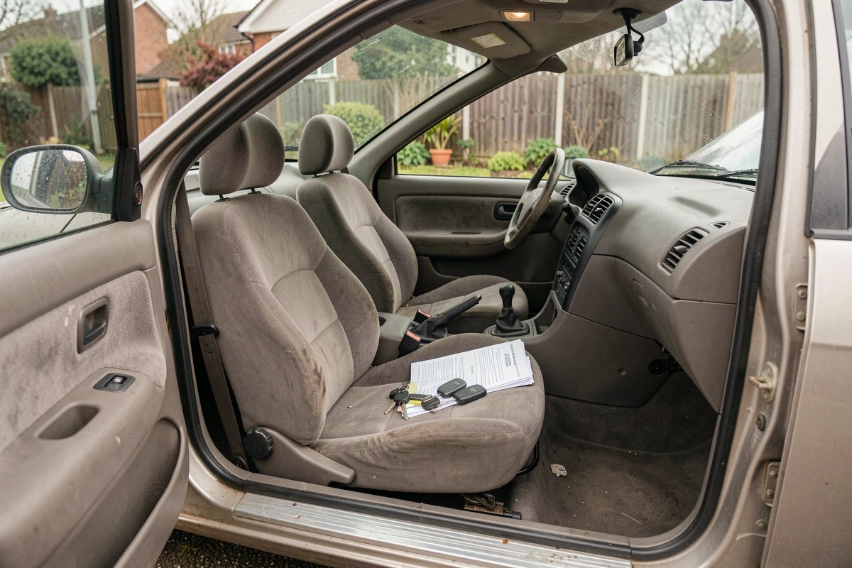 Intérieur usagé d'une Peugeot 306 Maxi lors d'une visite d'achat en occasion, montrant l'usure des sièges baquets, le volant dégradé et les documents du véhicule posés sur le siège passager