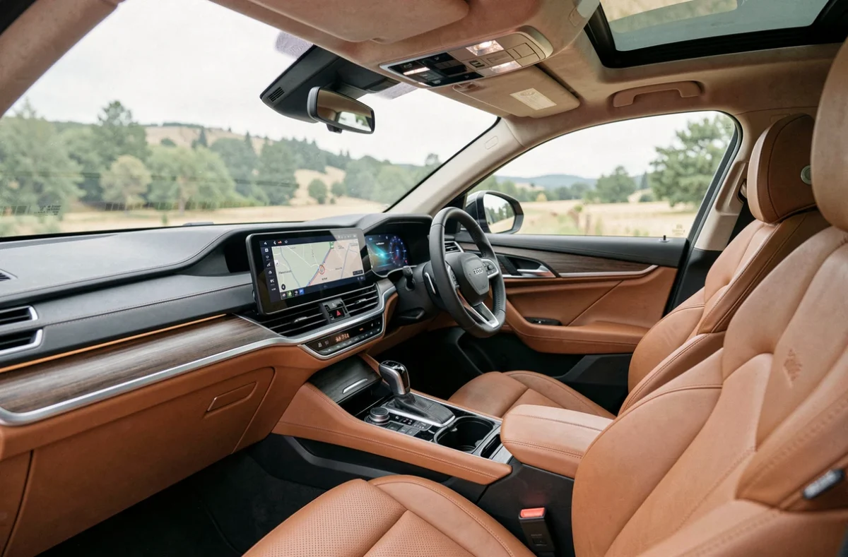 Intérieur luxueux d'un SUV premium 2026 avec tableau de bord numérique et sièges en cuir beige