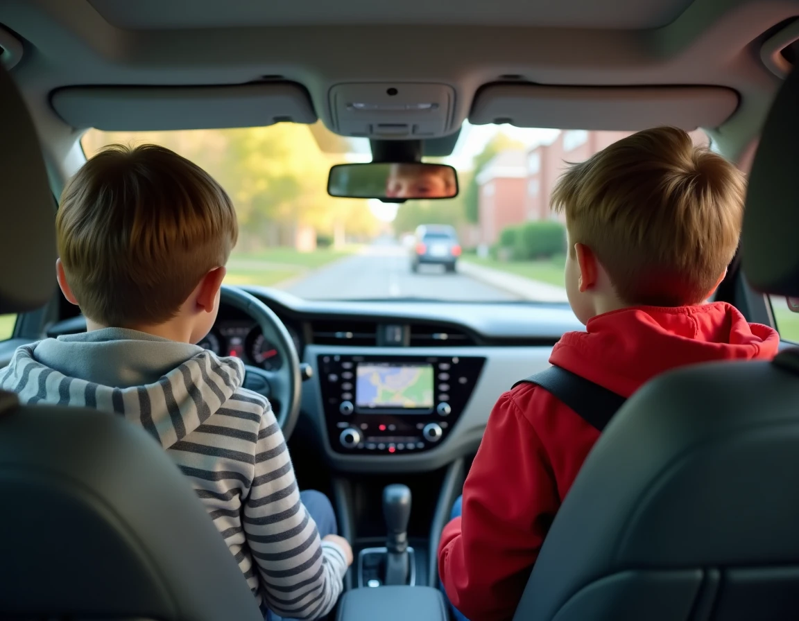 Deux enfants attachés dans leurs sièges enfant à l'arrière d'une Toyota Corolla avec vue sur le tableau de bord et l'écran de navigation