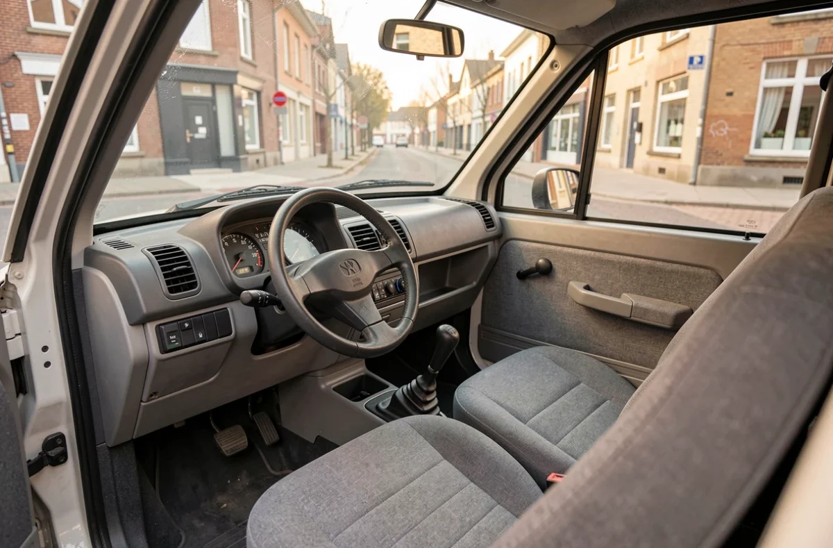 Intérieur d'une voiture sans permis d'occasion avec tableau de bord simple et sièges en tissu