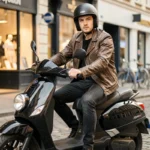 Jeune conducteur de scooter en veste de cuir assis sur son deux-roues en ville, illustrant le profil jeune conducteur pour une assurance scooter