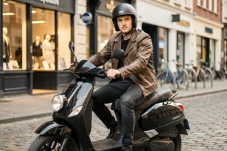 Jeune conducteur de scooter en veste de cuir assis sur son deux-roues en ville, illustrant le profil jeune conducteur pour une assurance scooter
