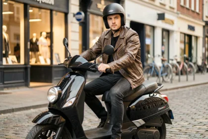 Jeune conducteur de scooter en veste de cuir assis sur son deux-roues en ville, illustrant le profil jeune conducteur pour une assurance scooter