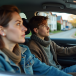 Jeune garçon et femme dans une voiture en extérieur