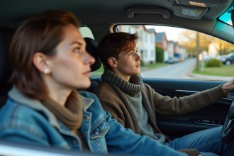 Jeune garçon et femme dans une voiture en extérieur