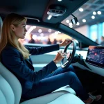 Jeune femme dans une voiture futuriste au salon de Paris