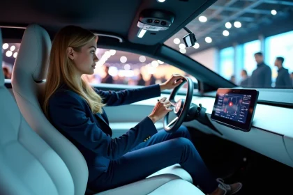 Jeune femme dans une voiture futuriste au salon de Paris