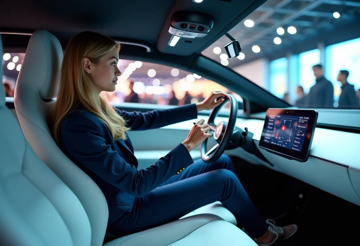 Jeune femme dans une voiture futuriste au salon de Paris