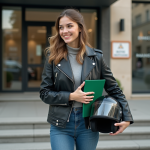 Jeune femme souriante devant mairie avec moto et casque