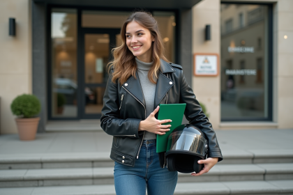 Jeune femme souriante devant mairie avec moto et casque