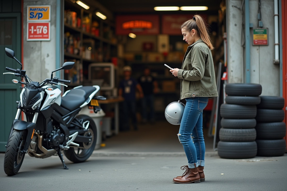 Jeune femme attente près d une moto dans un atelier urbain