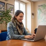 Jeune femme souriante utilisant un ordinateur dans un bureau Tarare