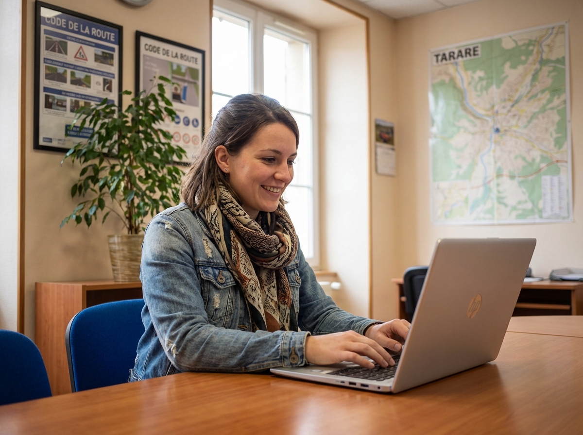 Jeune femme souriante utilisant un ordinateur dans un bureau Tarare