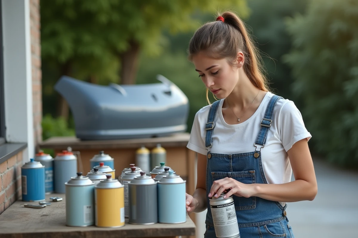 Jeune femme choisissant une bombe de peinture en extérieur