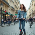 Jeune femme en scooter électrique dans Paris dynamique
