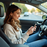 Jeune femme dans la voiture vérifiant ridesharing