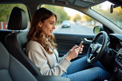 Jeune femme dans la voiture vérifiant ridesharing