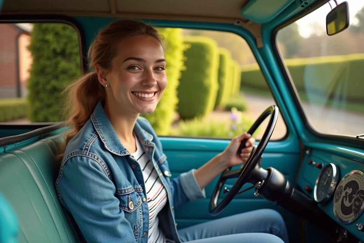 Femme souriante dans une Mini Moke en jardin printanier