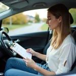 Jeune femme dans une voiture vérifiant le tableau de bord